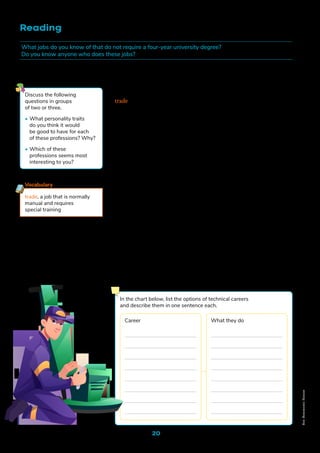 20
Trade schools
For those people who are not interested in any four-year plans
of study at universities and prefer to work with their hands, there are
trade schools. What’s important is to continue your education.
There are many different job opportunities that are offered
when you complete a degree in a trade school. If you want to work
on people’s houses, you can study to become a plumber or an electrician.
A plumber fixes anything that has to do with water in the house, while
an electrician specializes in lighting and electrical work. You can also
be a construction manager, supervising people building a house.
There are also technical careers (that involve two years of study)
intechnology.Youcanbeacomputerprogrammer,designingnewvideo
games and computer programs to make our lives easier. You can also
be a web developer, creating and improving websites for individuals
or companies. Electronical engineer is another option, where you build
and repair electronic equipment.
If you prefer to work outside, there are a few options you can study.
A garden and landscaping designer can help to create a paradise outside
for residents. You can also study environmental science and work
in forests to protect our flora and fauna. Or there are petroleum
engineers that work on getting the oil out of the earth.
As you can see, there are several options if studying at a four-year
university is not for you. Just try to combine what you are good at and
what you love, and you should find the perfect job for you!
Reading
What jobs do you know of that do not require a four-year university degree?
Do you know anyone who does these jobs?
trade. a job that is normally
manual and requires
special training
Vocabulary
Discuss the following
questions in groups
of two or three.
• What personality traits
do you think it would
be good to have for each
of these professions? Why?
• Which of these
professions seems most
interesting to you?
In the chart below, list the options of technical careers
and describe them in one sentence each.
Career What they do
F
re
e
p
ik
Non-Commercial
Licence
 