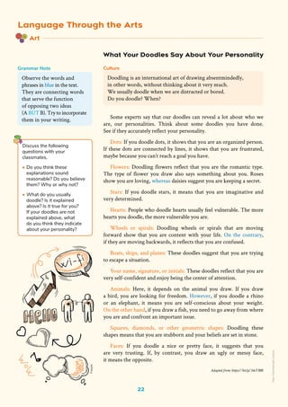 22
Some experts say that our doodles can reveal a lot about who we
are, our personalities. Think about some doodles you have done.
See if they accurately reflect your personality.
Dots: If you doodle dots, it shows that you are an organized person.
If these dots are connected by lines, it shows that you are frustrated,
maybe because you can’t reach a goal you have.
Flowers: Doodling flowers reflect that you are the romantic type.
The type of flower you draw also says something about you. Roses
show you are loving, whereas daisies suggest you are keeping a secret.
Stars: If you doodle stars, it means that you are imaginative and
very determined.
Hearts: People who doodle hearts usually feel vulnerable. The more
hearts you doodle, the more vulnerable you are.
Wheels or spirals: Doodling wheels or spirals that are moving
forward show that you are content with your life. On the contrary,
if they are moving backwards, it reflects that you are confused.
Boats, ships, and planes: These doodles suggest that you are trying
to escape a situation.
Your name, signature, or initials: These doodles reflect that you are
very self-confident and enjoy being the center of attention.
Animals: Here, it depends on the animal you draw. If you draw
a bird, you are looking for freedom. However, if you doodle a rhino
or an elephant, it means you are self-conscious about your weight.
On the other hand, if you draw a fish, you need to go away from where
you are and confront an important issue.
Squares, diamonds, or other geometric shapes: Doodling these
shapes means that you are stubborn and your beliefs are set in stone.
Faces: If you doodle a nice or pretty face, it suggests that you
are very trusting. If, by contrast, you draw an ugly or messy face,
it means the opposite.
Adapted from: https://bit.ly/34eT3BR
Doodling is an international art of drawing absentmindedly,
in other words, without thinking about it very much.
We usually doodle when we are distracted or bored.
Do you doodle? When?
Culture
What Your Doodles Say About Your Personality
Discuss the following
questions with your
classmates.
• Do you think these
explanations sound
reasonable? Do you believe
them? Why or why not?
• What do you usually
doodle? Is it explained
above? Is it true for you?
If your doodles are not
explained above, what
do you think they indicate
about your personality?
Observe the words and
phrases in blue in the text.
They are connecting words
that serve the function
of opposing two ideas
(A BUT B). Try to incorporate
them in your writing.
Grammar Note
Freepik
Language Through the Arts
Art
Non-Commercial
Licence
 