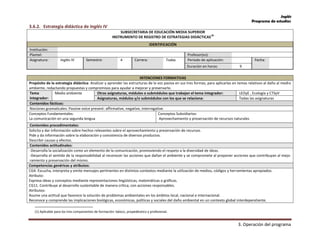 Inglés
Programa de estudios
3. Operación del programa
3.6.2. Estrategia didáctica de Inglés IV
SUBSECRETARIA DE EDUCACIÓN MEDIA SUPERIOR
INSTRUMENTO DE REGISTRO DE ESTRATEGIAS DIDÁCTICAS
18
IDENTIFICACIÓN
Institución:
Plantel: Profesor(es):
Asignatura: Inglés IV Semestre: 4 Carrera: Todas Periodo de aplicación: Fecha:
Duración en horas: 9
INTENCIONES FORMATIVAS
Propósito de la estrategia didáctica: Analizar y aprender las estructuras de la voz pasiva en sus tres formas, para aplicarlas en temas relativos al daño al medio
ambiente, redactando propuestas y compromisos para ayudar a mejorar y preservarlo.
Tema
integrador:
Medio ambiente Otras asignaturas, módulos o submódulos que trabajan el tema integrador: LEOyE , Ecología y CTSyV
Asignaturas, módulos y/o submódulos con los que se relaciona: Todas las asignaturas
Contenidos fácticos:
Nociones gramaticales: Passive voice present: affirmative, negative, interrogative.
Conceptos Fundamentales:
La comunicación en una segunda lengua
Conceptos Subsidiarios:
Aprovechamiento y preservación de recursos naturales
Contenidos procedimentales:
Solicita y dar información sobre hechos relevantes sobre el aprovechamiento y preservación de recursos.
Pide y da información sobre la elaboración y consistencia de diversos productos.
Describir causas y efectos.
Contenidos actitudinales:
-Desarrolla la socialización como un elemento de la comunicación, promoviendo el respeto a la diversidad de ideas.
-Desarrolla el sentido de la responsabilidad al reconocer las acciones que dañan el ambiente y se compromete al proponer acciones que contribuyan al mejo-
ramiento y preservación del mismo.
Competencias genéricas y atributos:
CG4. Escucha, interpreta y emite mensajes pertinentes en distintos contextos mediante la utilización de medios, códigos y herramientas apropiados.
Atributo:
Expresa ideas y conceptos mediante representaciones lingüísticas, matemáticas o gráficas.
CG11. Contribuye al desarrollo sustentable de manera crítica, con acciones responsables.
Atributos:
Asume una actitud que favorece la solución de problemas ambientales en los ámbitos local, nacional e internacional.
Reconoce y comprende las implicaciones biológicas, económicas, políticas y sociales del daño ambiental en un contexto global interdependiente.
(1) Aplicable para los tres componentes de formación: básico, propedéutico y profesional.
 