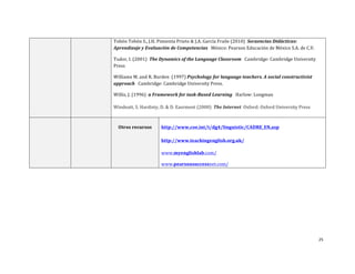 25	
  
	
  
Tobón	
  Tobón	
  S.,	
  J.H.	
  Pimienta	
  Prieto	
  &	
  J.A.	
  García	
  Fraile	
  (2010)	
  	
  Secuencias	
  Didácticas:	
  
Aprendizaje	
  y	
  Evaluación	
  de	
  Competencias	
  	
  	
  México:	
  Pearson	
  Educación	
  de	
  México	
  S.A.	
  de	
  C.V.	
  	
  
Tudor,	
  I.	
  (2001)	
  	
  The	
  Dynamics	
  of	
  the	
  Language	
  Classroom	
  	
  	
  Cambridge:	
  Cambridge	
  University	
  
Press	
  
Williams	
  M.	
  and	
  R.	
  Burden	
  	
  (1997)	
  Psychology	
  for	
  language	
  teachers.	
  A	
  social	
  constructivist	
  
approach	
  	
  	
  Cambridge:	
  Cambridge	
  University	
  Press.	
  
Willis,	
  J.	
  (1996)	
  	
  a	
  Framework	
  for	
  task-­‐Based	
  Learning	
  	
  	
  Harlow:	
  Longman	
  	
  
	
  
Windeatt,	
  S.	
  Hardisty,	
  D.	
  &	
  D.	
  Easrment	
  (2000)	
  	
  The	
  Internet	
  	
  Oxford:	
  Oxford	
  University	
  Press	
  
	
  
	
  
	
  
	
  
Otros	
  recursos	
  
	
  
http://www.coe.int/t/dg4/linguistic/CADRE_EN.asp	
  
	
  
http://www.teachingenglish.org.uk/	
  
	
  
www.myenglishlab.com/	
  
www.pearsonsuccessnet.com/	
  
 