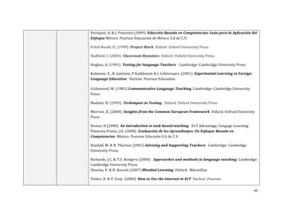 40	
  
	
  
Enríquez,	
  A.	
  &	
  J.	
  Pimienta	
  (2009)	
  	
  Educción	
  Basada	
  en	
  Competencias:	
  Guía	
  para	
  la	
  Aplicación	
  del	
  
Enfoque	
  México:	
  Pearson	
  Educación	
  de	
  México	
  S.A	
  de	
  C.V.	
  	
  
Fried-­‐Booth,	
  D.	
  (1990)	
  	
  Project	
  Work	
  	
  Oxford:	
  Oxford	
  University	
  Press	
  	
  
Hadfield,	
  J.	
  (2004)	
  	
  Classroom	
  Dynamics	
  	
  Oxford:	
  Oxford	
  University	
  Press	
  
Hughes,	
  A.	
  (1991)	
  	
  Testing	
  for	
  language	
  Teachers	
  	
  	
  Cambridge:	
  Cambridge	
  University	
  Press	
  
Kohonen,	
  V,,	
  R.	
  Jaatinen,	
  P	
  Kaikkonen	
  &	
  J.	
  Lehtovaara	
  	
  (2001)	
  	
  Experiential	
  Learning	
  in	
  Foreign	
  
Language	
  Education	
  	
  	
  Harlow:	
  Pearson	
  Education	
  	
  
	
  
Littlewood,	
  W.	
  (1981)	
  Communicative	
  Language	
  Teaching.	
  Cambridge:	
  Cambridge	
  University	
  
Press.	
  
Madsen,	
  H.	
  (1993)	
  	
  Techniques	
  in	
  Testing	
  	
  	
  Oxford:	
  Oxford	
  University	
  Press	
  	
  
Morrow,	
  K.	
  (2004)	
  	
  Insights	
  from	
  the	
  Common	
  European	
  Framework	
  	
  Oxford:	
  Oxfrod	
  University	
  
Press	
  
Nunan,	
  D.(2000)	
  	
  An	
  introduction	
  to	
  task-­‐based	
  teaching	
  	
  	
  ELT	
  Advantage,	
  Cengage	
  Learning	
  
Pimienta	
  Prieto,	
  J.H.	
  (2008)	
  	
  Evaluación	
  de	
  los	
  Aprendizajes:	
  Un	
  Enfoque	
  Basado	
  en	
  
Competencias	
  	
  México:	
  Pearson	
  Educaión	
  S.A	
  de	
  C.V.	
  	
  
Randall,	
  M.	
  &	
  B.	
  Thorton	
  (2001)	
  Advising	
  and	
  Supporting	
  Teachers.	
  	
  Cambridge:	
  Cambridge	
  
University	
  Press.	
  	
  
Richards,	
  J.C.	
  &	
  T.S.	
  Rodgers	
  (2000)	
  	
  	
  Approaches	
  and	
  methods	
  in	
  language	
  teaching,	
  Cambridge:	
  
Cambridge	
  University	
  Press.	
  	
  
Sharma,	
  P.	
  &	
  B.	
  Barrett	
  (2007)	
  Blended	
  Learning	
  	
  Oxford:	
  	
  Macmillan	
  	
  	
  
Teeler,	
  D.	
  &	
  P.	
  Gray	
  	
  (2000)	
  	
  How	
  to	
  Use	
  the	
  Internet	
  in	
  ELT	
  	
  Harlow:	
  Pearson	
  
 