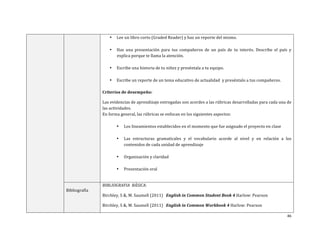 46	
  
	
  
• Lee	
  un	
  libro	
  corto	
  (Graded	
  Reader)	
  y	
  haz	
  un	
  reporte	
  del	
  mismo.	
  	
  
	
  
• Haz	
   una	
   presentación	
   para	
   tus	
   compañeros	
   de	
   un	
   país	
   de	
   tu	
   interés.	
   Describe	
   el	
   país	
   y	
  
explica	
  porque	
  te	
  llama	
  la	
  atención.	
  	
  
	
  
• Escribe	
  una	
  historia	
  de	
  tu	
  niñez	
  y	
  preséntala	
  a	
  tu	
  equipo.	
  
	
  
• Escribe	
  un	
  reporte	
  de	
  un	
  tema	
  educativo	
  de	
  actualidad	
  	
  y	
  preséntalo	
  a	
  tus	
  compañeros.	
  	
  	
  
	
  
Criterios	
  de	
  desempeño:	
  
Las	
  evidencias	
  de	
  aprendizaje	
  entregadas	
  son	
  acordes	
  a	
  las	
  rúbricas	
  desarrolladas	
  para	
  cada	
  una	
  de	
  
las	
  actividades.	
  	
  	
  
En	
  forma	
  general,	
  las	
  rúbricas	
  se	
  enfocan	
  en	
  los	
  siguientes	
  aspectos:	
  	
  
	
  
• Los	
  lineamientos	
  establecidos	
  en	
  el	
  momento	
  que	
  fue	
  asignado	
  el	
  proyecto	
  en	
  clase	
  	
  
	
  
• Las	
   estructuras	
   gramaticales	
   y	
   el	
   vocabulario	
   acorde	
   al	
   nivel	
   y	
   en	
   relación	
   a	
   los	
  
contenidos	
  de	
  cada	
  unidad	
  de	
  aprendizaje	
  	
  
	
  
• Organización	
  y	
  claridad	
  	
  
	
  
• Presentación	
  oral	
  	
  
	
  
Bibliografía	
  
	
  
BIBLIOGRAFIA	
  	
  BÁSICA:	
  
Birchley,	
  S	
  &,	
  M.	
  Saumell	
  (2011)	
  	
  	
  English	
  in	
  Common	
  Student	
  Book	
  4	
  Harlow:	
  Pearson	
  	
  
Birchley,	
  S	
  &,	
  M.	
  Saumell	
  (2011)	
  	
  	
  English	
  in	
  Common	
  Workbook	
  4	
  Harlow:	
  Pearson	
  	
  
 