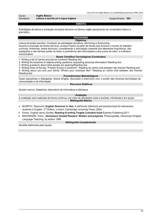 Curso FIC em Inglês Básico, na modalidade presencial, IFRN, 2013
18
Curso: Inglês Básico
Disciplina: Leitura e escrita em Língua Inglesa Carga-Horária: 30h
EMENTA
Estratégias de leitura e produção de textos técnicos no Idioma Inglês apropriando do vocabulário básico e
gramático.
PROGRAMA
Objetivos
Leitura de textos escritos. Conhecer as estratégias de leitura, Skimming e Scannining.
Quanto à produção de textos técnicos: produzir textos (a partir de temas que envolva o mundo do trabalho,
currículo, entrevista, textos técnicos), considerando a articulação coerente dos elementos linguísticos, dos
parágrafos e das demais partes do texto; a pertinência das informações e dos juízos de valor; e a eficácia
comunicativa.
Bases Científico-Tecnológicas (Conteúdos)
1. Writing a list of names and phone numbers/ Reading text
2. Writing the locations of objects,writing questions requesting personal information/ Reading text
3. Writing questions about what people are wearing/Reading text
4. Writing times of the day “Friends Across a Continent”: Reading an online chat between two friends/ Reading text
5. Writing about you and your family “What’s your schedule like?” Reading an online chat between two friends/
Reading text
Procedimentos Metodológicos
Aulas expositivas e dialogadas, leitura dirigida, discussão e exercícios com o auxílio das diversas tecnologias da
comunicação e da informação.
Recursos Didáticos
Quadro branco, Datashow, laboratório de informática e biblioteca.
Avaliação
A avaliação será realizada de forma contínua, por meio de atividades orais e escritas, individuais e em grupo.
Bibliografia Básica
 MURPHY, Raymond. English Grammar in Use: A self-study reference and practice book for elementary
students in English. 2
nd
.Edition. London: Cambridge University Press, 2004.
 Evans, Virginia-Jenny Dooley- Reading & writing Targets 2.student book-Express Publishing,2011
 MACKENZIE, Fiona , Heinemann Guided Readers’ Written and prepared, Photocopiable, Heinemann English
Language Teaching, by edition 1996
Bibliografia Complementar
Apostila elaborada pela equipe.
 