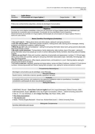 Curso FIC em Inglês Básico como Segunda Língua, na modalidade presencial
IFRN, 2013
21
1-You can’t miss it – Talking about stores and other places; asking for and giving directions
2-Can she call you later? – Describing people’s locations; making phone calls; leaving phone messages; making;
accepting, and declining invitations; making excuses
3-What do you do?- jobs and workplaces – asking for and giving information about work; giving opinions about jobs;
describing workday routines
4-My sister works downtown. Transportations; family relationship; daily routines; days of the week – asking for
giving information about how people go to work or school; talking about family members; describing daily and weekly
routines
5-Where are you from?- Cities and countries; adjectives of personality and appearance; numbers 11-103 and ages-
talking about cities and countries; asking for and giving information about place origin, nationality, first language, and
age; describing people.
6-What’s is this?-possessions, office objects, personal items, and locations in a room- Naming objects; asking for
and giving the locations of objects
7-it’s nice to meet you- Alphabet; greetings and leave-taking; names and titles of address; numbers 0-10 and phone
numbers- introducing yourself and friends; saying hello and good –bye; asking for names and phone numbers
Procedimentos Metodológicos
Abordagem comunicativa usa de estratégia: como Role play,
Recursos Didáticos
Quadro branco, multimídia e internet, apostila, aparelham de áudio.
Avaliação
A avaliação será contínua, com predomínio dos aspectos qualitativos sobre os quantitativos. A avaliação
considerará a participação do aluno nas atividades propostas
Bibliografia Básica
 MARTINEZ, Ronald – Como Dizer Tudo em Inglês-Ensino de Língua Estrangeira, Editora Campus, 2000.
 BIA Stempeleski, Susan, talk time: Every day English Conversation, Oxford – Oxford University press-2010
 GGI, E. T. K. de; STAVALE, E. de B. Enjoy Your Stay. São Paulo: DISAL, 2000.
 http://iteslj.org/questions/
 http://esl-lab.com/
 Nader, Therese-Angela Blackwell – Know how -Student Book level 2 – Oxford University Press.
Bibliografia Complementar
Apostilas elaboradas pela equipe
Curso: Inglês Básico
Disciplina: Conversação em Língua Inglesa 1 Carga-Horária: 30h
EMENTA
Prática dos conhecimentos adquiridos, através da abordagem Comunicativa.
PROGRAMA
Objetivos
O curso tem como objetivo possibilitar o aluno em se comunicar na língua Inglesa usando a habilidade oral,
Aquisição de vocabulário para conversação; Construção da nova identidade vocal e linguística;
Desenvolvimento da prontidão em língua inglesa; Estruturação da comunicação em língua inglesa; Pensar e
sentir em outro idioma.
Bases Científico-Tecnológicas (Conteúdos)
 