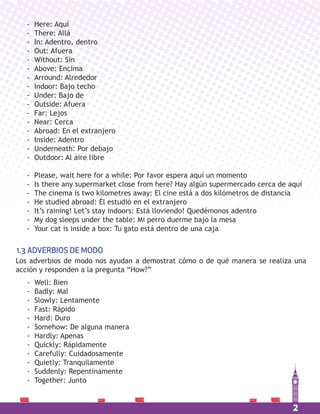 2
- Here: Aquí
- There: Allá
- In: Adentro, dentro
- Out: Afuera
- Without: Sin
- Above: Encima
- Arround: Alrededor
- Indoor: Bajo techo
- Under: Bajo de
- Outside: Afuera
- Far: Lejos
- Near: Cerca
- Abroad: En el extranjero
- Inside: Adentro
- Underneath: Por debajo
- Outdoor: Al aire libre
- Please, wait here for a while: Por favor espera aquí un momento
- Is there any supermarket close from here? Hay algún supermercado cerca de aquí
- The cinema is two kilometres away: El cine está a dos kilómetros de distancia
- He studied abroad: Él estudió en el extranjero
- It’s raining! Let’s stay indoors: Está lloviendo! Quedémonos adentro
- My dog sleeps under the table: Mi perro duerme bajo la mesa
- Your cat is inside a box: Tu gato está dentro de una caja
- Well: Bien
- Badly: Mal
- Slowly: Lentamente
- Fast: Rápido
- Hard: Duro
- Somehow: De alguna manera
- Hardly: Apenas
- Quickly: Rápidamente
- Carefully: Cuidadosamente
- Quietly: Tranquilamente
- Suddenly: Repentinamente
- Together: Junto
Los adverbios de modo nos ayudan a demostrat cómo o de qué manera se realiza una
acción y responden a la pregunta “How?”
1.3 ADVERBIOS DE MODO
 