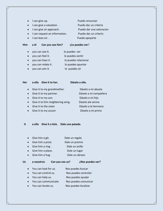 I can give up.                          Puedo renunciar
      I can give a valuation .                Puedo dar un criterio
      I can give an approach.                  Puedo dar una valoracion
      I can request an information.            Puedo dar un criterio
      I can lean on .                         Puedo apoyarte

Him   a él    Can you see him?        ¿Le puedes ver?

      you can see it.            lo puedes ver
      you can feel it.            lo puedes sentir
      you can hear it .           lo puedes relacionar
      you can relate it .          lo puedes apuntar
      you can aim it.              lo puedes oír



Her   a ella Give it to her.             Dáselo a ella.

      Give it to my grandmother.                Dáselo a mi abuela
      Give it to my partner.                    Dáselo a mi compañera
      Give it to my son.                        Dáselo a mi hijo
      Give it to him neighboring wing .         Dáselo ala vecina
      Give it to the sister                     Dáselo a la hermana
      Give it to my cousin                       Dáselo a mi primo



It    a ello Give it a kick. Dale una patada.



      Give him a git.            Dale un regalo
      Give him a prize.          Dale un premio
      Give him a ring .           Dale un anillo
      Give him a place.            Dale un lugar
      Give him a hug.              Dale un abrazo

Us    a nosotros       Can you see us?          ¿Nos puedes ver?

      You can look for us.        Nos puedes buscar
      You can control us.         Nos puedes controlar
      You can help us.            Nos puedes ayudar
      You can communicate.        Nos puedes comunicar
      You can locate us.          Nos puedes localizar
 