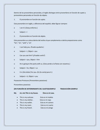 Dentro de los pronombres personales, el inglés distingue entre pronombres en función de sujeto y
pronombres personales en función de objeto.

1.     El pronombre en función de sujeto.

Este pronombre en inglés, a diferencia del español, debe figurar siempre:

o      I am ill. (Estoy enfermo.)

o      Subject = I

2.     El pronombre en función de objeto.

Este pronombre se coloca detrás del verbo al que complementa o detrás preposiciones como
"for", "to", "with" y "at".

o      I can help you. (Puedo ayudarte.)

o      Subject = I, Object = you

o      Can you see him? (¿Puedes verle?)

o      Subject = you, Object = him

o      He is going to the party with us. (Esta yendo a la fiesta con nosotros.)

o      Subject = he, Object = us

o      It is [the letter] for you. (Es [la carta] para ti.)

o      Subject = it, Object = you

Possessive Pronouns (Pronombres posesivos)

Pronombres posesivos

(EN FUNCIÓN DE DETERMINANTE DEL SUJETO)EJEMPLO                  TRADUCCIÓN EJEMPLO

My     mi, mis This is my house.           Ésta es mi casa.

        This is my suitcase .          Esta es mi maleta
        This is my clothes .           Esta es mi ropa
        This is my wallet .            Esta es mi cartera
        This is my room .               Este es mi cuarto
        This is my friend .             Este es mi amigo
 