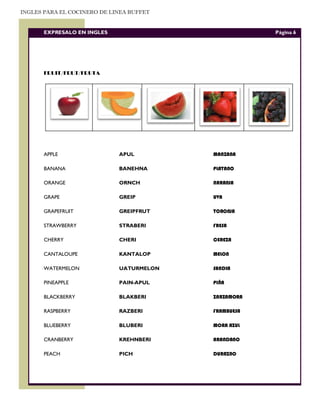 INGLES PARA EL COCINERO DE LINEA BUFFET


       EXPRESALO EN INGLES                            Página 6




       FRUIT/FRUT/FRUTA




       APPLE                 APUL         MANZANA

       BANANA                BANEHNA      PLATANO

       ORANGE                ORNCH        NARANJA

       GRAPE                 GREIP        UVA

       GRAPEFRUIT            GREIPFRUT    TORONJA

       STRAWBERRY            STRABERI     FRESA

       CHERRY                CHERI        CEREZA

       CANTALOUPE            KANTALOP     MELON

       WATERMELON            UATURMELON   SANDIA

       PINEAPPLE             PAIN-APUL    PIÑA

       BLACKBERRY            BLAKBERI     ZARZAMORA

       RASPBERRY             RAZBERI      FRAMBUESA

       BLUEBERRY             BLUBERI      MORA AZUL

       CRANBERRY             KREHNBERI    ARANDANO

       PEACH                 PICH         DURAZNO
 