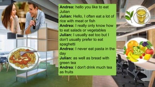 Andrea: hello you like to eat
Julian
Julian: Hello, I often eat a lot of
rice with meat or fish
Andrea: I really only know how
to eat salads or vegetables
Julian: I usually eat too but I
don't usually prefer to eat
spaghetti
Andrea: I never eat pasta in the
day
Julian: as well as bread with
green tea
Andrea: I don't drink much tea
as fruits
 