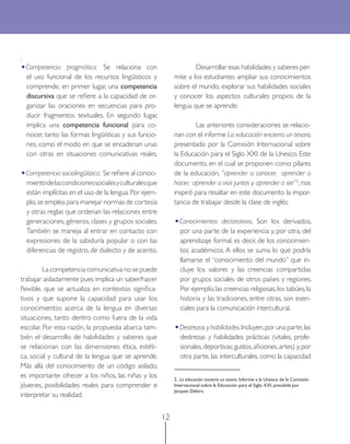 12
.
•Competencia pragmática. Se relaciona con
el uso funcional de los recursos lingüísticos y
comprende, en primer lugar, una competencia
discursiva que se reﬁere a la capacidad de or-
ganizar las oraciones en secuencias para pro-
ducir fragmentos textuales. En segundo lugar,
implica una competencia funcional para co-
nocer, tanto las formas lingüísticas y sus funcio-
nes, como el modo en que se encadenan unas
con otras en situaciones comunicativas reales.
•Competencia sociolingüística. Se reﬁere al conoci-
mientodelascondicionessocialesyculturalesque
están implícitas en el uso de la lengua.Por ejem-
plo,se emplea para manejar normas de cortesía
y otras reglas que ordenan las relaciones entre
generaciones, géneros, clases y grupos sociales.
También se maneja al entrar en contacto con
expresiones de la sabiduría popular o con las
diferencias de registro, de dialecto y de acento.
La competencia comunicativa no se puede
trabajar aisladamente pues implica un saber/hacer
ﬂexible, que se actualiza en contextos signiﬁca-
tivos y que supone la capacidad para usar los
conocimientos acerca de la lengua en diversas
situaciones, tanto dentro como fuera de la vida
escolar. Por esta razón, la propuesta abarca tam-
bién el desarrollo de habilidades y saberes que
se relacionan con las dimensiones ética, estéti-
ca, social y cultural de la lengua que se aprende.
Más allá del conocimiento de un código aislado,
es importante ofrecer a los niños, las niñas y los
jóvenes, posibilidades reales para comprender e
interpretar su realidad.
Desarrollar esas habilidades y saberes per-
mite a los estudiantes ampliar sus conocimientos
sobre el mundo, explorar sus habilidades sociales
y conocer los aspectos culturales propios de la
lengua que se aprende.
Las anteriores consideraciones se relacio-
nan con el informe La educación encierra un tesoro,
presentado por la Comisión Internacional sobre
la Educación para el Siglo XXI de la Unesco. Este
documento, en el cual se proponen como pilares
de la educación, “aprender a conocer, aprender a
hacer, aprender a vivir juntos y aprender a ser”2
, nos
inspiró para resaltar en este documento la impor-
tancia de trabajar desde la clase de inglés:
•Conocimientos declarativos. Son los derivados,
por una parte de la experiencia y, por otra, del
aprendizaje formal, es decir, de los conocimien-
tos académicos. A ellos se suma lo que podría
llamarse el “conocimiento del mundo” que in-
cluye los valores y las creencias compartidas
por grupos sociales de otros países y regiones.
Por ejemplo,las creencias religiosas,los tabúes,la
historia y las tradiciones, entre otras, son esen-
ciales para la comunicación intercultural.
•Destrezas y habilidades.Incluyen,por una parte,las
destrezas y habilidades prácticas (vitales, profe-
sionales,deportivas;gustos,aﬁciones,artes) y,por
otra parte, las interculturales, como la capacidad
2. La educación encierra un tesoro. Informe a la Unesco de la Comisión
Internacional sobre la Educación para el Siglo XXI, presidida por
Jacques Delors.
 