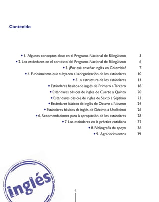 4
Contenido
• 1. Algunos conceptos clave en el Programa Nacional de Bilingüismo 5
• 2. Los estándares en el contexto del Programa Nacional de Bilingüismo 6
• 3. ¿Por qué enseñar inglés en Colombia? 7
• 4. Fundamentos que subyacen a la organización de los estándares 10
• 5. La estructura de los estándares 14
• Estándares básicos de inglés de Primero aTercero 18
• Estándares básicos de inglés de Cuarto a Quinto 20
• Estándares básicos de inglés de Sexto a Séptimo 22
• Estándares básicos de inglés de Octavo a Noveno 24
• Estándares básicos de inglés de Décimo a Undécimo 26
• 6. Recomendaciones para la apropiación de los estándares 28
• 7. Los estándares en la práctica cotidiana 32
• 8. Bibliografía de apoyo 38
• 9. Agradecimientos 39
 