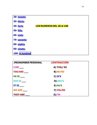 10
20- twenty
30- thirty.
40- forty LOS NUMEROS DEL 20 al 100
50- fifty
60- sixty
70- seventy
80- eighty
90- ninety.
100- A hundred
.
.PRONOMBRE PERSONAL .CONTRACCIÓN
I AM ___ A) THEy’ RE
YOU ARE ___ B) We’RE
HE IS ___ C) It’S
SHE IS ___ D) SHe’S
IT IS ___ E) He’S
WE ARE ___ F) YOu’RE
THEY ARE ___ G) i’M
 