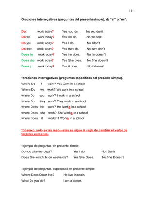 111
Oraciones interrogativas (preguntas del presente simple), de “si” o “no”.
Do I work today? Yes you do. No you don’t
Do we work today? Yes we do. No we don’t
Do you work today? Yes I do. No I don’t
Do they work today? Yes they do. No they don’t
Does he work today? Yes he does. No he doesn’t
Does she work today? Yes She does. No She doesn’t
Does it work today? Yes it does. No it doesn’t
*oraciones interrogativas (preguntas específicas del presente simple).
Where Do I work? You work in a school
Where Do we work? We work in a school
where Do you work? I work in a school
where Do they work? They work in a school
where Does he work? He Works in a school
where Does she work? She Works in a school
where Does it work? It Works in a school
*observo; solo en las respuestas se sigue la regla de cambiar el verbo de
terceras personas.
*ejemplo de preguntas en presente simple:
Do you Like the pizza? Yes I do. No I Don’t
Does She watch Tv on weekends? Yes She Does. No She Doesn’t
*ejemplo de preguntas especificas en presente simple:
Where Does Oscar live? He live in spain.
What Do you do? I am a doctor.
 