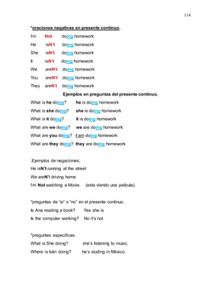 114
*oraciones negativas en presente continuo.
I’m Not doing homework
He isN’t doing homework
She isN’t doing homework
It isN’t doing homework
We areN’t doing homework
You areN’t doing homework
They areN’t doing homework
Ejemplos en preguntas del presente continuo.
What is he doing? he is doing homework
What is she doing? she is doing homework
What is it doing? it is doing homework
What are we doing? we are doing homework
What are you doing? I am doing homework
What are they doing? they are doing homework
.Ejemplos de negaciones;
He isN’t running at the street
We areN’t driving home
I’m Not watching a Movie. (esta viendo una película).
*preguntas de “si” o “no” en el presente continuo.
Is Ana reading a book? Yes she is
Is the computer working? No it’s not
*preguntas especificas.
What is She doing? she’s listening to music.
Where is Iván doing? he’s studing in México.
 