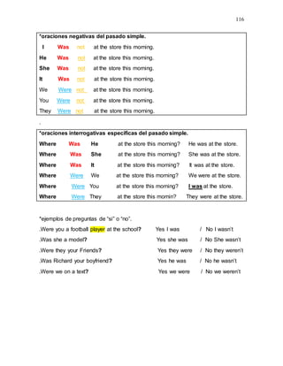116
*oraciones negativas del pasado simple.
I Was not at the store this morning.
He Was not at the store this morning.
She Was not at the store this morning.
It Was not at the store this morning.
We Were not at the store this morning.
You Were not at the store this morning.
They Were not at the store this morning.
.
*oraciones interrogativas especificas del pasado simple.
Where Was He at the store this morning? He was at the store.
Where Was She at the store this morning? She was at the store.
Where Was It at the store this morning? It was at the store.
Where Were We at the store this morning? We were at the store.
Where Were You at the store this morning? I was at the store.
Where Were They at the store this mornin? They were at the store.
*ejemplos de preguntas de “si” o “no”.
.Were you a football player at the school? Yes I was / No I wasn’t
.Was she a model? Yes she was / No She wasn’t
.Were they your Friends? Yes they were / No they weren’t
.Was Richard your boyfriend? Yes he was / No he wasn’t
.Were we on a text? Yes we were / No we weren’t
 