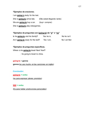 127
*Ejemplos de oraciones;
I am going to study for the text.
She is going to arrive late. (Ella estará llegando tarde)
We are going to buy a car. (buy= comprar)
She is going to play videogames.
*Ejemplos de preguntas con (going to) de “si” o “no”
Is he going to visit his family? Yes he is. No he isn’t
Am I going to study for the text? Yes I am. No I am Not
*Ejemplos de preguntas específicas.
Where is he going to travel Next Year?
: he going to travel to china.
going to = gonna
gonna (se usa mucho en las canciones en inglés)
Conclusión:
going to + verbo
(es para expresar planes previstos)
Will + verbo
(Es para hablar predicciones personales)
 