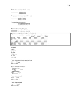 178
*Utilce (there are some)o (there’s some).
____________ people in that car
_____________ personin this car
*haga preguntas (are there any) o (is there any).
____________ people in that car?
____________ person in this car?
*Ejercicio.(thereis) o (thereare)
____________ one student in theclassrom.
____________ two student in the classrom.
*Ejercicio.(therewas) o (there were)
___________ onestudent in the classrom.
___________ two student in the classrom.
*Ejercicio-acomplete el cuadro utilizando(have)o (has)
contracion negacion el tiempo contracción negacion
pasado pasado pasado
I-------I ____---------_____----------_____-----______---------________-------_______
He-----he____------_____-----------_____-----______---------_______---------______
She----she____------_____----------_____-----______----------_______--------______
It-------it ____-------_____----------_____-----______----------_______--------______
You---you____------_____---------_____-----______----------_______--------______
We----we ____-------_____---------_____-----______----------_______--------______
They--they____------_____---------_____-----______---------_______--------______
*VERBOS
I Speak
youspeak
he speak__
she speak__
we speak
they speak
*poner entiempo presente los siguientes verbos.
play--------play____
work-------work____
*poner enpresente las oraciones.
*they listentoyou
they are _______toyou.
*he speaks english
he is _______ English.
*poner verbos enpasado;
speak-------speak___
work-------work___
*poner verbos enpasado:
copy--------cop___
study--------stud___
 