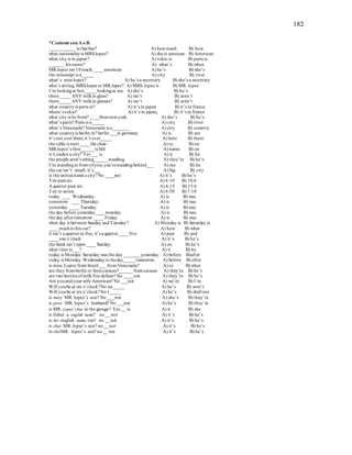 182
*Conteste con A o B:
___________ is that bus? A) howmuch B) how
what nationalityis MRS.lopez? A) she is ameican B) American
what city is in japan? A) tokio is B) paris is
______ his name? A) what’s B) when
MR.lopez isn’t French; ____american A) he’s B) she’s
the mississipi is a_____ A) city B) river
what’s miss lopez? A) he’s a secretary B) she’s a secretary
who’s sitting, MRS.lopez or MR.lopez? A) MRS. lopez is B) MR. lopez
I’m lookingat her;_____lookingat me. A) she’s B) he’s
there_____ANY milkin glass? A) isn’t B) aren’t
there_____ANY milkin glasses? A) isn’t B) aren’t
what countryis paris in? A) it’s in japan B) it’s in france
where’s tokio? A) it’s in japan B) it’s in france
what city is he from? ____fromnewyork. . A) she’s B) he’s
what’s paris? Paris is a_____ A) city .B) river
what’s Venezuela? Venezuela is a_______ A) city B) country
what countryis berlin in? berlin ___in germany. A) is B) are
it’s not over there,it’s over_____ A) here B) there
the table is next ____the chair A) to B) on
MR.lopez’s first______is bill. A) name B) on
is London a city? Yes ___ is A) it B) he
the people aren’t sitting______standing. A) they’re B) he’s
I’m standingin front ofyou; you’restandingbehind___ A) me B) he
the car isn’t small; it’s___ A) big B) city
is the unitedstates a city?No ____not A) it’s B) he’s
Ten past six. A) 6:10 B) 10:6
A quarter past six. A) 6:15 B) 15:6
Ten to seven. A) 6:50 B) 7:10
today ___ Wednesday. A) is B) was
tomorrow ___ Thursday. A) is B) was
yesterday ____ Tuesday. A) is B) was
the day before yesterday____monday. A) is B) was
the day aftertomorrow ____ Friday. A) is B) was
what day is between Sunday andTuesday? A) Monday is B) Saturday is
____muchis this car? A) how B) what
it isn’t a quarter to five, it’s a quarter____five A) past B) and
____one o’clock A) it’s B) he’s
the bank isn’t open ____ Sunday. A) on B) he’s
what time is___? A) it B) he
today is Monday.Saturday was the day _______yesterday. A) before B)after
today is Monday.Wednesday is theday_____tomorrow. A) before B) after
is miss. Lopez from brazil ___fromVenezuela? A) or B) what
are they fromberlin or fromcaracas?______ fromcaracas A) they’re B) he’s
are two bottles ofmilk five dollars? No ____not. A) they’re B) he’s
Are youandyour wife American? No ___not A) we’re B) I’m
Will yoube at six o’clock?No we_____ A) he’s B) won’t
Will yoube at six o’clock?No I_____ A) he’s B) shall not
is mary MR. lopez’s son? No___not A) she’s B) they’re
is peter MR. lopez’s husband? No ___not A) he’s B) they’re
is MR.Lopez’sbus in the garage? Yes __ is A) it B) she
is fisher a english name? no __not A) it’s B) he’s
is her english name, too? no __not A) it’s B) he’s
is that MR. lopez’s son? no__not A) it’s B) he’s
Is thisMR. lopez’s son? no__ not A) it’s B) he’s
 