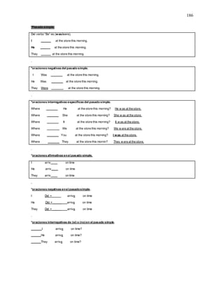186
*Pasado simple:
Del verbo “Be” es (was/were).
I ______ at the store this morning.
He ______ at the store this morning.
They ______ at the store this morning.
.
*oraciones negativas del pasado simple.
I Was _______ at the store this morning.
He Was _______ at the store this morning.
They Were _______ at the store this morning.
.
*oraciones interrogativas especificas del pasado simple.
Where _______ He at the store this morning? He w as at the store.
Where _______ She at the store this morning? She w as at the store.
Where _______ It at the store this morning? It w as at the store.
Where _______ We at the store this morning? We w ere at the store.
Where _______ You at the store this morning? I was at the store.
Where _______ They at the store this mornin? They w ere at the store.
.
*oraciones afirmativas enel pasado simple.
I arriv____ on time
He arriv____ on time
They arriv____ on time
.
*oraciones negativas enel pasadosimple.
I Did + _____ arrive on time
He Did + _____ arrive on time
They Did + _____ arrive on time
.
*oraciones interrogativas de (si) o (no)en el pasado simple.
______ I arrive on time?
______He arrive on time?
______They arrive on time?
 