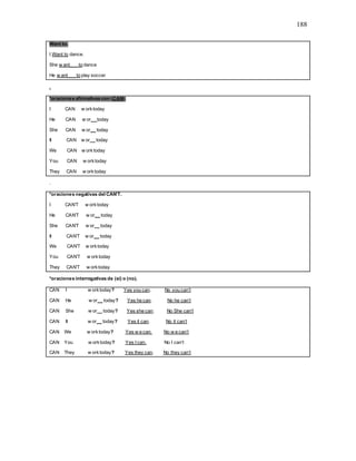 188
Want to.
I Want to dance.
She w ant___ to dance
He w ant___ to play soccer
.
*oraciones afirmativas con (CAN):
I CAN w orktoday
He CAN w or__ today
She CAN w or__ today
It CAN w or__ today
We CAN w orktoday
You CAN w orktoday
They CAN w orktoday
.
*oraciones negativas del CAN’T.
I CAN’T w orktoday
He CAN’T w or__ today
She CAN’T w or__ today
It CAN’T w or__ today
We CAN’T w orktoday
You CAN’T w orktoday
They CAN’T w orktoday
*oraciones interrogativas de (si) o (no).
CAN I w orktoday? Yes you can. No you can’t
CAN He w or__ today? Yes he can. No he can’t
CAN She w or__ today? Yes she can. No She can’t
CAN It w or__ today? Yes it can. No it can’t
CAN We w orktoday? Yes w e can. No w e can’t
CAN You w orktoday? Yes I can. No I can’t
CAN They w orktoday? Yes they can. No they can’t
 
