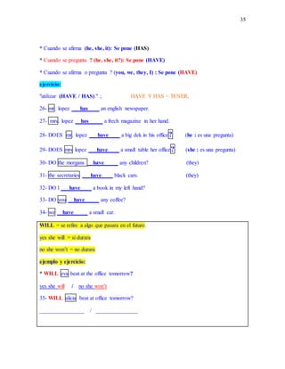 35
* Cuando se afirma (he, she, it): Se pone (HAS)
* Cuando se pregunta ? (he, she, it?): Se pone (HAVE)
* Cuando se afirma o pregunta ? (you, we, they, I) : Se pone (HAVE)
ejercicio:
"utilizar (HAVE / HAS)." ; HAVE Y HAS = TENER.
26- mr. lopez ___has____ an english newspaper.
27- mrs. lopez __has_____ a frech magazine in her hand.
28- DOES mr. lopez ___have____ a big dek in his office? (he : es una pregunta)
29- DOES mrs lopez ___have____ a small table her office? (she : es una pregunta)
30- DO the morgans __have_____ any children? (they)
31- the secretaries ___have____ black cars. (they)
32- DO l ___have____ a book in my left hand?
33- DO you __have_____ any coffee?
34- we __have_____ a small car.
WILL = se refire a algo que pasara en el futuro.
yes she will = si durara
no she won’t = no durara
ejemplo y ejercicio:
* WILL eva beat at the office tomorrow?
yes she will / no she won’t
35- WILL alicia beat at office tomorrow?
________________ / _______________
 