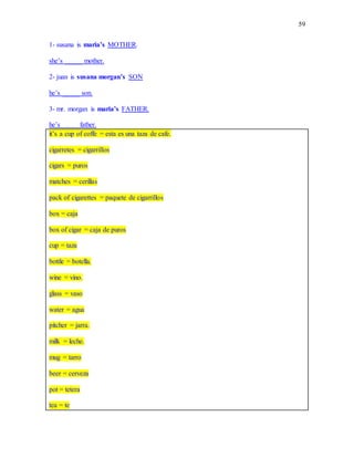 59
1- susana is maria’s MOTHER.
she’s _____ mother.
2- juan is susana morgan’s SON
he’s _____ son.
3- mr. morgan is maria’s FATHER.
he’s father.
it’s a cup of coffe = esta es una taza de cafe.
cigarretes = cigarrillos
cigars = puros
matches = cerillas
pack of cigarettes = paquete de cigarrillos
box = caja
box of cigar = caja de puros
cup = taza
bottle = botella.
wine = vino.
glass = vaso
water = agua
pitcher = jarra.
milk = leche.
mug = tarro
beer = cerveza
pot = tetera
tea = te
 