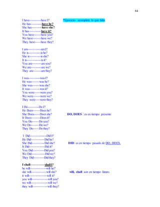 84
I have----------have I? *Ejercicio- acomplete lo que falta.
He has----------have he?
She has---------have she?
It has-----------have it?
You have------have you?
We have-------have we?
They have-----have they?
I am------------amI?
He is-----------is he?
She is----------is she?
It is-------------is it?
You are--------are you?
We are---------are we?
They are-------are they?
I was----------was I?
He was-------was he?
She was------was she?
It was---------was it?
You were-----were you?
We were------were we?
They were----were they?
I Do----------Do I?
He Does------Does he?
She Does-----Does she? DO, DOES : es en tiempo presente
It Does--------Does it?
You Do------Do you?
We Do-------Do we?
They Do-----Do they?
I Did---------------Did I?
He Did------------Did he?
She Did-----------Did she? DID: es en tiempo pasado de DO, DOES.
It Did--------------Did it?
You Did----------Did you?
We Did------------Did we?
They Did---------Did they?
I shall-------------shall I?
he will--------------will he?
she will-------------will she? will, shall: son en tiempo futuro.
it will----------------will it?
you will--------------will you?
we will---------------will we?
they will-------------will they?
 