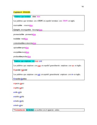 90
Capitulo-8 INGLES .
*Palabras que terminan -cion -tion
Las palabras que terminan con -CION en español terminan con -TION en inglés.
reservación – reservation.
Ejemplo; investigación -Investigation.
pronunciación -pronunciation
tradición- tradition
contaminación-contamination
operación-operation
excepción-exception
producción-production
*Palabras que empiezan con (sp) .(st)
Las palabras que empiezan con esp- en español generalmente empiezan con sp- en inglés.
Especial- Special
Las palabras que empiezan con est- en español generalmente empiezan con st- en inglés.
Estación-Station
espacio-space
espíritu-spirit
estilo-style
establo-stable
estudio-study
estado-state
*Normalmente las fechas se escriben en el siguiente orden:
 