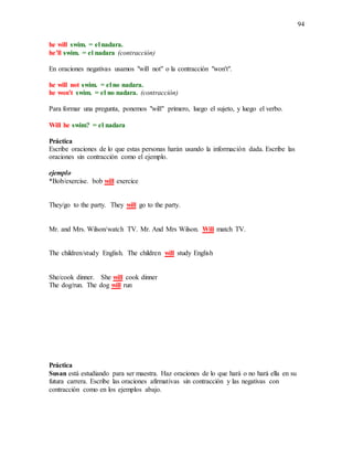 94
he will swim. = el nadara.
he'll swim. = el nadara (contracción)
En oraciones negativas usamos "will not" o la contracción "won't".
he will not swim. = el no nadara.
he won't swim. = el no nadara. (contracción)
Para formar una pregunta, ponemos "will" primero, luego el sujeto, y luego el verbo.
Will he swim? = el nadara
Práctica
Escribe oraciones de lo que estas personas harán usando la información dada. Escribe las
oraciones sin contracción como el ejemplo.
ejemplo
*Bob/exercise. bob will exercice
They/go to the party. They will go to the party.
Mr. and Mrs. Wilson/watch TV. Mr. And Mrs Wilson. Will match TV.
The children/study English. The children will study English
She/cook dinner. She will cook dinner
The dog/run. The dog will run
Práctica
Susan está estudiando para ser maestra. Haz oraciones de lo que hará o no hará ella en su
futura carrera. Escribe las oraciones afirmativas sin contracción y las negativas con
contracción como en los ejemplos abajo.
 