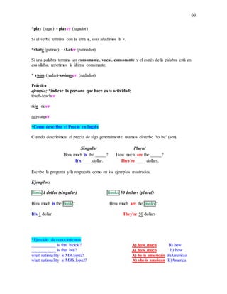 99
*play (jugar) - player (jugador)
Si el verbo termina con la letra e, solo añadimos la r.
*skate (patinar) - skater (patinador)
Si una palabra termina en consonante, vocal, consonante y el estrés de la palabra está en
esa sílaba, repetimos la última consonante.
* swim (nadar)-swimmer (nadador)
Práctica
ejemplo; *indicar la persona que hace esta actividad;
teach-teacher
ride -rider
run-runner
*Como describir el Precio en Inglés
Cuando describimos el precio de algo generalmente usamos el verbo "to be" (ser).
Singular Plural
How much is the _____? How much are the _____?
It's ____ dollar. They're ____ dollars.
Escribe la pregunta y la respuesta como en los ejemplos mostrados.
Ejemplos:
Book 1 dollar (singular) Books 50 dollars (plural)
How much is the book? How much are the books?
It's 1 dollar They're 50 dollars
*Ejercicio de conocimientos:
___________ is that bicicle? A) how much B) how
___________ is that bus? A) how much B) how
what nationality is MR.lopez? A) he is american B)American
what nationality is MRS.lopez? A) she is ameican B)America
 