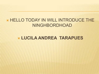 HELLO TODAY IN WILL INTRODUCE THE NINGHBORDHOAD LUCILA ANDREA  TARAPUES 