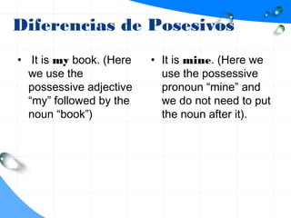 Diferencias de Posesivos
•  It is my book. (Here
we use the
possessive adjective
“my” followed by the
noun “book”)
• It is mine. (Here we
use the possessive
pronoun “mine” and
we do not need to put
the noun after it).
 