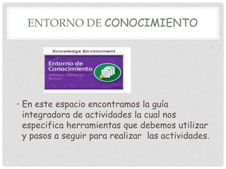 ENTORNO DE CONOCIMIENTO
• En este espacio encontramos la guía
integradora de actividades la cual nos
especifica herramientas que debemos utilizar
y pasos a seguir para realizar las actividades.
 