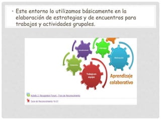 • Este entorno lo utilizamos básicamente en la
elaboración de estrategias y de encuentros para
trabajos y actividades grupales.
 