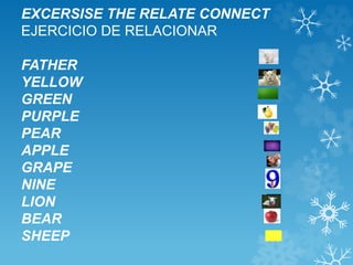 EXCERSISE THE RELATE CONNECT 
EJERCICIO DE RELACIONAR 
FATHER 
YELLOW 
GREEN 
PURPLE 
PEAR 
APPLE 
GRAPE 
NINE 
LION 
BEAR 
SHEEP 
 