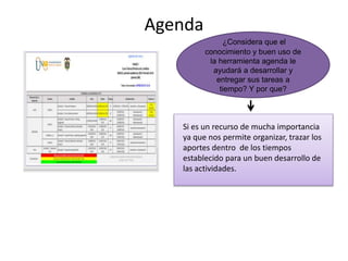 Agenda
¿Considera que el
conocimiento y buen uso de
la herramienta agenda le
ayudará a desarrollar y
entregar sus tareas a
tiempo? Y por que?
Si es un recurso de mucha importancia
ya que nos permite organizar, trazar los
aportes dentro de los tiempos
establecido para un buen desarrollo de
las actividades.
 
