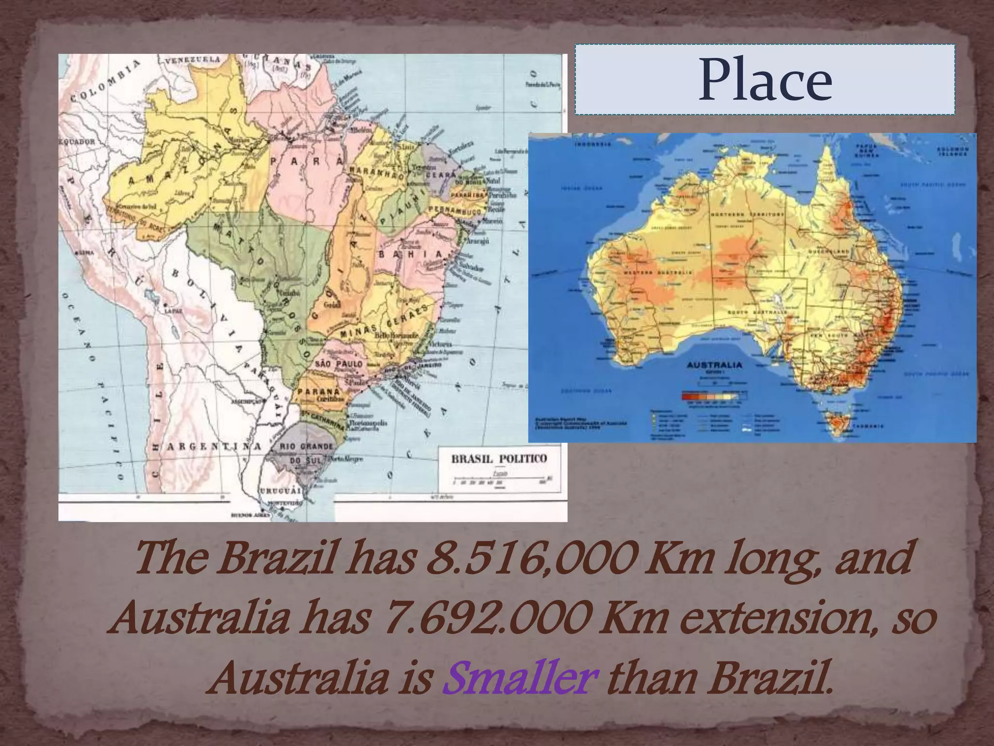 Place
The Brazil has 8.516,000 Km long, and
Australia has 7.692.000 Km extension, so
Australia is Smaller than Brazil.