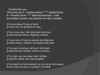Condicional uno.
Se forma con if + simple present simple future.
If + Present tense will/can/may/must + verb
Se emplea cuando una situación es real o posible.
•If it rains today, I'll stay at home.
Si llueve hoy, me quedaré en casa.
•If he is busy now, I will come back tomorrow.
Si está ocupado ahora, regresaré mañana.
•If I have time, I'll visit my parents this afternoon.
Si tengo tiempo, visitaré a mis padres esta tarde.
•If it is warm tomorrow, we'll go to the beach.
Si está caluroso mañana, iremos a la playa.
•If it is cold, you must wear warm clothes.
Si está frío, debes usar ropa abrigada.
•If he doesn't do his homework, he can not go to the party.
Si él no hace su tarea, no puede ir a la fiesta.
 