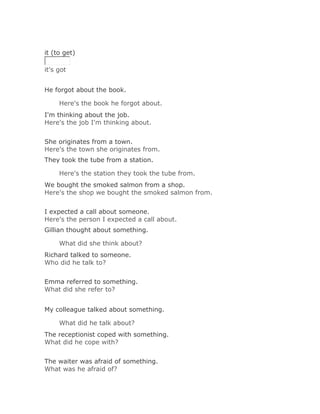 Solución Validar
it (to get)

it's got


He forgot about the book.

     Here's the book he forgot about.Solución Validar
I'm thinking about the job.
Here's the job I'm thinking about.
Solución Validar
She originates from a town.
Here's the town she originates from.
They took the tube from a station.

     Here's the station they took the tube from.Solución Validar
We bought the smoked salmon from a shop.
Here's the shop we bought the smoked salmon from.
Solución Validar
I expected a call about someone.
Here's the person I expected a call about.
Gillian thought about something.

     What did she think about?Solución Validar
Richard talked to someone.
Who did he talk to?
Solución Validar
Emma referred to something.
What did she refer to?


My colleague talked about something.

     What did he talk about?Solución Validar
The receptionist coped with something.
What did he cope with?
Solución Validar
The waiter was afraid of something.
What was he afraid of?
 