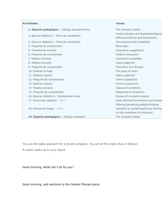 Actividades                                                         Temas

    1. Soporte pedagógico : Diálogo descubrimiento                  The Company Stand
                                                                    Product Quality and Reputation/Specia
    2. Recurso didáctico : Ficha de vocabulario
                                                                    Offers/Conditions and Restrictions
    3. Recurso didáctico : Ficha de vocabulario                     Convenience and Availability
    4. Pregunta de comprensión                                      Beverages
    5. Transformar el texto                                         Persuasive suggestions
    6. Pregunta de comprensión                                      Product Discussion
    7. Palabra correcta                                             A person's availability
    8. Palabra correcta                                             Value judgment
    9. Pregunta de comprensión                                      Promotion of a Product
    10. Ordenar la frase                                            The place of 'even'
    11. Rellenar huecos                                             Value judgment
    12. Pregunta de comprensión                                     Client's Questions
    13. Rellenar huecos                                             Prices & payments
    14. Palabra correcta                                            Clauses & conditions
    15. Pregunta de comprensión                                     Responses to Questions
    16. Recurso didáctico : Explicaciones clave                     Review of concepts covered
    17. Pronunciar palabras     (x27)                               Sales Pitches/Convenience and Availab
                                                                    Offering something politely/Praising
    18. Pronunciar frases     (x23)                                 someone or something/Giving informat
                                                                    on the conditions of a discount
    19. Soporte pedagógico : Diálogo expresión                      The Company Stand




You are the sales assistant for a phone company. You are at the trade show in Boston.

A visitor walks up to your stand.




Good morning. What can I do for you?




Good morning, and welcome to the Cellular Phones stand.
 