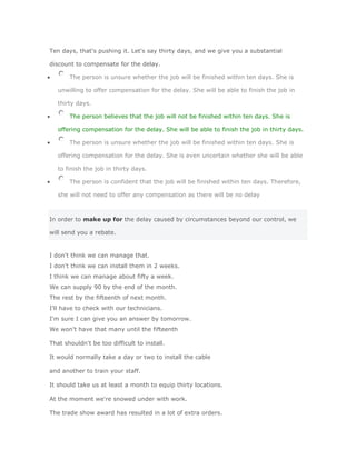 Ten days, that's pushing it. Let's say thirty days, and we give you a substantial

discount to compensate for the delay.

       The person is unsure whether the job will be finished within ten days. She is

   unwilling to offer compensation for the delay. She will be able to finish the job in

   thirty days.

       The person believes that the job will not be finished within ten days. She is

   offering compensation for the delay. She will be able to finish the job in thirty days.

       The person is unsure whether the job will be finished within ten days. She is

   offering compensation for the delay. She is even uncertain whether she will be able

   to finish the job in thirty days.

       The person is confident that the job will be finished within ten days. Therefore,

   she will not need to offer any compensation as there will be no delay



In order to make up for the delay caused by circumstances beyond our control, we

will send you a rebate.


I don't think we can manage that.
I don't think we can install them in 2 weeks.
I think we can manage about fifty a week.
We can supply 90 by the end of the month.
The rest by the fifteenth of next month.
I'll have to check with our technicians.
I'm sure I can give you an answer by tomorrow.
We won't have that many until the fifteenth

That shouldn't be too difficult to install.

It would normally take a day or two to install the cable

and another to train your staff.

It should take us at least a month to equip thirty locations.

At the moment we're snowed under with work.

The trade show award has resulted in a lot of extra orders.
 