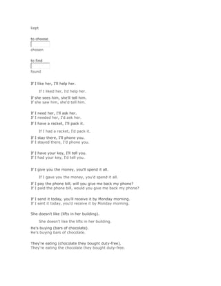 kept
Solución Validar
to choose


chosen
Solución Validar
to find


found


If I like her, I'll help her.

     If I liked her, I'd help her.Solución Validar
If she sees him, she'll tell him.
If she saw him, she'd tell him.
Solución Validar
If I need her, I'll ask her.
If I needed her, I'd ask her.
If I have a racket, I'll pack it.

     If I had a racket, I'd pack it.Solución Validar
If I stay there, I'll phone you.
If I stayed there, I'd phone you.
Solución Validar
If I have your key, I'll tell you.
If I had your key, I'd tell you.


If I give you the money, you'll spend it all.

     If I gave you the money, you'd spend it all.Solución Validar
If I pay the phone bill, will you give me back my phone?
If I paid the phone bill, would you give me back my phone?
Solución Validar
If I send it today, you'll receive it by Monday morning.
If I sent it today, you'd receive it by Monday morning.

She doesn't like (lifts in her building).

     She doesn't like the lifts in her building.Solución Validar
He's buying (bars of chocolate).
He's buying bars of chocolate.
Solución Validar
They're eating (chocolate they bought duty-free).
They're eating the chocolate they bought duty-free.
 