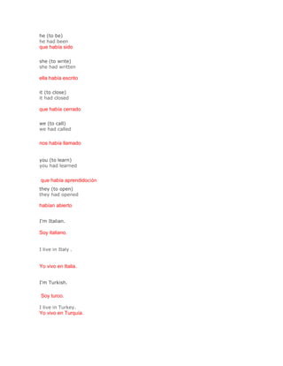 he (to be)
he had been
que había sido
Solución Validar
she (to write)
she had written

ella había escrito
Solución Validar
it (to close)
it had closed

que había cerrado
Solución Validar
we (to call)
we had called
Solución Validar
nos había llamado


you (to learn)
you had learned


que había aprendidoción
they (to open)
they had opened

habían abierto


I'm Italian.

Soy italiano.


I live in Italy .


Yo vivo en Italia.Solución Validar


I'm Turkish.

Soy turco.

I live in Turkey.
Yo vivo en Turquía.
 