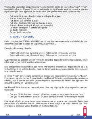 10
Veamos las siguientes preposiciones y cómo forman parte de los verbos “put” y “go”,
convirtiéndolos en Phrasal Verbs y cambiando su significado. Aquí se muestra sólo un
significado por cada ejemplo, de los muchos que puede tener esta combinación
- Put back: Regresar, devolver algo a su lugar de origen
- Put up: Construir algo
- Put down: Dar término a algo
- Put into: Dedicarle tiempo o esfuerzo a algo
- Put out: Parar, extinguir (fuego, por ejemplo)
- Go after: Perseguir, ir detrás de alguien
- Go back: Regresar
- Go up: Subir, ascender
B. VERBO + ADVERBIO
En la combinación VERBO + ADVERBIO se da más frecuentemente la posibilidad de usar
en forma separada el verbo de la partícula (adverbio).
Ejemplo: Give away: Revelar
- Peter will never give away his secret: Peter nunca revelará su secreto
- Peter will never give his secret away: Peter nunca revelará su secreto
La posibilidad de separar o no el verbo del adverbio dependerá de varios factores, entre
ellos, si el verbo es intransitivo o transitivo.
Esta categorización gramatical del verbo (intransitivo o transitivo) depende sólo de si el
verbo tienen o no objeto directo, es decir, la persona u objeto que recibe directamente
la acción del verbo.
El verbo “read” por ejemplo es transitivo porque usa necesariamente un objeto “book”.
Esto mismo sucede con los Phrasal Verbs. Los Phrasal Verbs intransitivos no llevan objeto
directo, por lo que la partícula (adverbio) no la separamos del verbo. Por ejemplo: He
decided to carry on – Decidió seguir
Los Phrasal Verbs transitivo llevan objetos directo y algunos de ellos se pueden usar por
separado:
- Can you fill in this form please?: ¿ Puedes completar este formulario por favor?
- Can you fill this form in please?: ¿Puedes completar este formulario por favor?
Cuando el objeto es muy largo, generalmente no se separa, por ejemplo: Could you
please find out whether doctor Jones works in that hospital or not? – Podría por favor
averiguar si el doctor Jones trabaja en ese hospital o no?
 