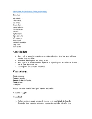 http://www.educacioninicial.com/EI/areas/ingles/
Opposites
Big- grande
Small- chico
Up- arriba
Down- abajo
Inside- adentro
Outside-afuera
Day- dia
Night- noche
Right- derecha
left- izquiera
Same- igual
Different- diferente
Long- largo
short- corto
Actividades:
 Para explicar sobre los opposites se necesitan ejemplos: luna luna y un sol (para
explicar day and night)
 Los niños podrán pintar una luna y un sol.
 Para explicar la mano derecha e izquierda se le puede poner un cintillo en la mano...
this is your right hand.. etc.
 Asi se puede con todos los conceptos.
Vocabulary:
Apple- manzana
Orange- naranja
Banana (guineo)- banana
Grapes- uvas
Pear- pera
Nota** Este tema también sirve para reforzar los colores.
Manzanas - Apples
Manualidad
1. Se hace un árbol grande y se puede colocar en el mural (bulletin board).
Cada niño hace manzanas con papel construcción de color rojo y las pega
 