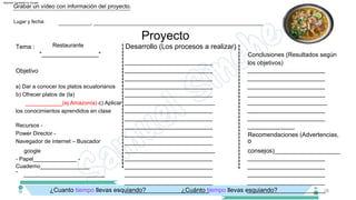 consejos)___________________
__________________________
_______________________
__________________________
¿Cuanto tiempo llevas esquiando? ¿Cuánto tiempo llevas esquiando? 28
Proyecto
__________________________
__________________________
­
_________________________
__________________________
__________________________
__________________________
__________________________
Tema :
a) Dar a conocer los platos ecuatorianos
b) Ofrecer platos de (la)
____________(ej.Amazonía) c) Aplicar
los conocimientos aprendidos en clase
Recursos ­
Power Director ­
Navegador de internet – Buscador
google
­ Papel______________ ­
Cuaderno________________
__________________________
__________________________
_______________________
Conclusiones (Resultados según
los objetivos)
__________________________
_______________________
Grabar un vídeo con información del proyecto.
Objetivo
_______________________
_______________________
Recomendaciones (Advertencias,
_______________________
___________, __________________________________________________________
o
________________________
_______________________
Desarrollo (Los procesos a realizar)
_______________________
_______________________
_______________________
Restaurante
"__________________"
__________________________
_______________________
__________________________
_______________________
______________
__________________________
__________________________
__________________________
Lugar y fecha:
Machine Translated by Google
 