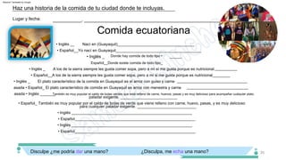 Comida ecuatoriana
También es muy popular el caldo de bolas verdes que está relleno de carne, huevos, pasas y es muy delicioso para acompañar cualquier plato.
________________________________
• Inglés _______________________________________________________
__________
• Español__Yo nací en Guayaquil_______________________________________
paladar exigente. __________________________
A los de la sierra siempre les gusta comer sopa, pero a mí sí me gusta porque es nutricional.
• Español__A los de la sierra siempre les gusta comer sopa, pero a mi si me gusta porque es nutricional________
• Español_ También es muy popular por el caldo de bolas de verde que viene relleno con carne, huevo, pasas, y es muy delicioso
para cualquier paladar exigente. ___________________________
Donde hay comida de todo tipo •
Español__Donde existe comida de todo tipo_
• Inglés _
____________________________
• Español_______________________________________________________
El plato característico de la comida en Guayaquil es el arroz con guiso y carne
asada • Español_ El plato característico de comida en Guayaquil es arroz con menestra y carne
asada • Inglés _______
• Inglés _
• Inglés _______________________________________________________
Nací en (Guayaquil)___________________________________
• Español_______________________________________________________
• Inglés __
___________, ____________________________________________________
Lugar y fecha:
Haz una historia de la comida de tu ciudad donde te incluyas.
_____
• Inglés _
¿Disculpa, me echa una mano?
Disculpe ¿me podría dar una mano? 35
Machine Translated by Google
 