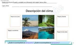Descripción del clima
¿Quién te acompañará al aeropuerto? ¿Quién te acompañará al aeropuerto?
Lugar y fecha: ___________, _________________________________________________
Región Oriental
Región de la Costa
Partido del clima de Ecuador y completo con información de la región, fauna y flora.
Región de las Islas
Región montañosa
64
Machine Translated by Google
 
