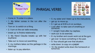 PHRASAL VERBS
• Come in: To enter in a place.
• 1. My fahter comes in the run after the
break.
• Turn on: to switch on a thing.
• 2. I turn on the car radio everyday.
• break up: to finisha relationship.
• 3. My friend Claudia breaks up with her
boyfriend.
• Take out: to move out soemthing.
• 4. my mothers takes out the garbage in the
mornings.
• listen up: to pay attention.
• 5. my sister and I listen up to the instructions.
• get up: to move up.
• 6. I get up at 9:00 a.m on sundays.
• Look after: to take care of omething or
someone.
• 7. tonight I look after my nephew.
• work out: to do exercise.
• 8. my brother and cousin work out at the gym.
• get over: to leave something in the past.
• 9. Your should get over that situation.
• write down: to copy on a paper
• 10. the student write down the homework or
tomorrow.
 