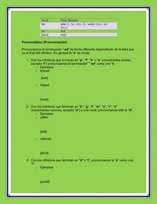 Verb          Past Simple
              be            was (I, he, she, it) / were (you, we,
                            they)
              do            did
              have          had

Pronunciation (Pronunciación)

Pronunciamos la terminación "-ed" de forma diferente dependiendo de la letra que
va al final del infinitivo. En general la "e" es muda.

   1. Con los infinitivos que terminan en "p", "f", "k" o "s" (consonantes sordas,
      excepto "t") pronunciamos la terminación" "-ed" como una "t".
         o Ejemplos:
         o looked

              [lukt]

         o   kissed



             [kisst]

   2. Con los infinitivos que terminan en "b", "g", "l", "m", "n", "v", "z"
      (consonantes sonoras, excepto "d") o una vocal, pronunciamos sólo la "d".
         o Ejemplos:
         o yelled




             [jeld]

         o   cleaned



             [klind]

   3. Con los infinitivos que terminan en "d" o "t", pronunciamos la "e" como una
      "i".
           o Ejemplos:




             [endid]
 